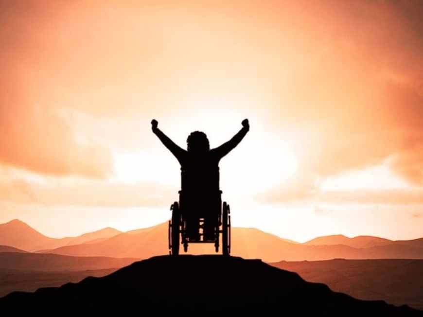 Rollstuhl Behinderung Berg Spitze Jubel
